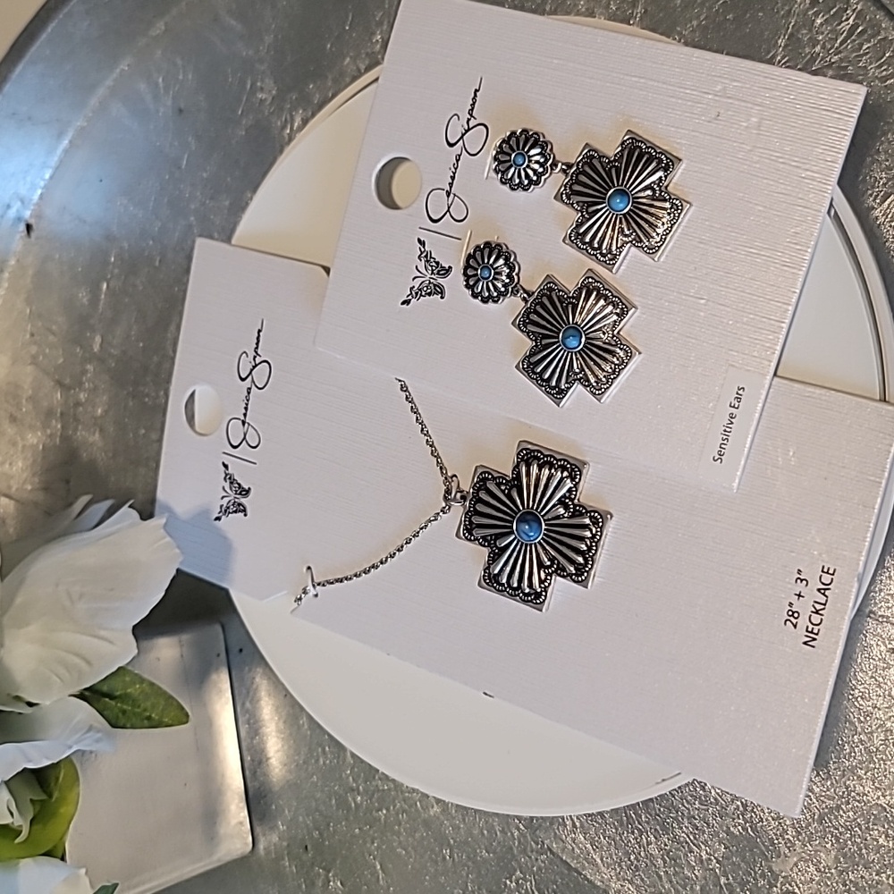 Elegant Silver and Blue Cross Necklace by Jessica Simpson